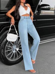 EURMUSE 高腰休闲休闲风格带破洞 - 中等水洗藍 - 查看 1