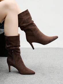 CUCCOO BIZCHIC Coffee Pointed Toe Slip-On High Heel Ruched Ankle Boots, Women's Fashion Ankle Boots For Christmas Spring Shoes - Coffee Brown - View 6