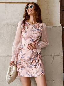Solivie 女式优雅花卉印花圆领长袖紧身迷你连衣裙