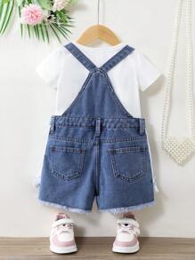 Celana Pendek Overall Denim Kasual Nyaman untuk Anak Perempuan, Modis untuk Perjalanan Jalanan, dengan Hiasan Pita Rajut Lucu dan Desain Ujung Robek. - Medium Wash - View 3
