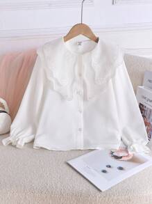 Tween 女童优雅刺绣领休闲长袖衬衫，简约白衬衫