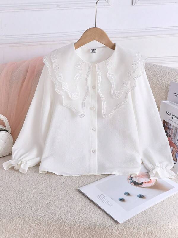 Tween Girls' Elegant Embroidered Collar Casual Long Sleeve Blouse, Simple White Shirt