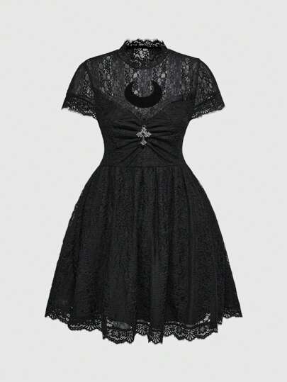 Plus Size Women Gothic Moon Embroidered Lace Mini Dress