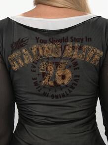 ROMWE Grunge Punk Y2K Sexy Sheer Mesh Printed Off-Shoulder Women Top - Black and White - View 7