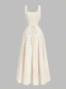 SHEIN MOD Cream White Summer Elegant Dates Jacquard Knit Dress,Beige U-Neck Sleeveless Button Decor Full Skirt, Wedding Guest Prom Tea Party Sun Dress - Apricot - View 2