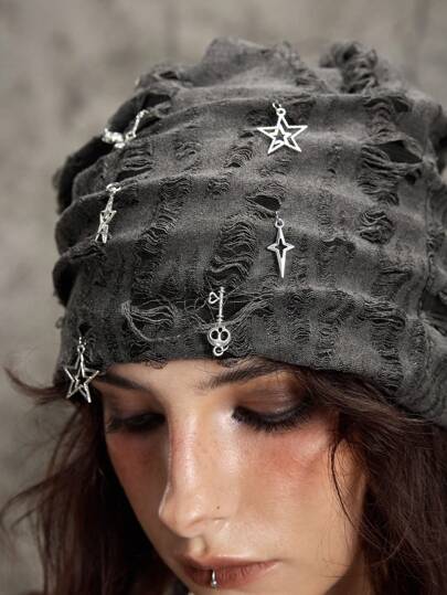 Hippie 1pc Cross & Pentagram Decor Distressed Beanie Cap For Women, Warm, Versatile, Fits Large Head, Korean Fashion , Autumn/Winter
