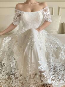 DAZY Đầm midi nữ thanh lịch phối ren, cổ vuông, tay phồng, thích hợp cho các dịp trang trọng, mùa hè. - trắng - Xem 8