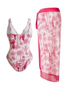 Swim Oasis 2pcs/Set Plus Size Random Print Camisole One Piece Swimsuit For Summer Beach Vacation - Red - View 2
