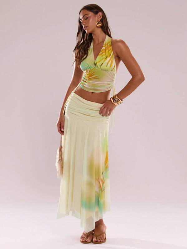 SHEIN BAE Summer Women's Floral Print Irregular Hem Low Waist Shrunken Pleated Casual Long Halter Skirt,Vacation Casual Halter Skirts,Beach Casual Halter Skirts,Beach Vacation Outfits
