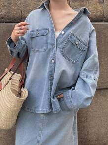 FRIFUL Women's Long Sleeve Single-Breasted Pocket Loose Casual Denim Shirt Jean Shirt Women Denim Tops Jean Tops Denim Shirt Women Jean Shirts For Women,Jeans Jacket,Fall Women Clothes