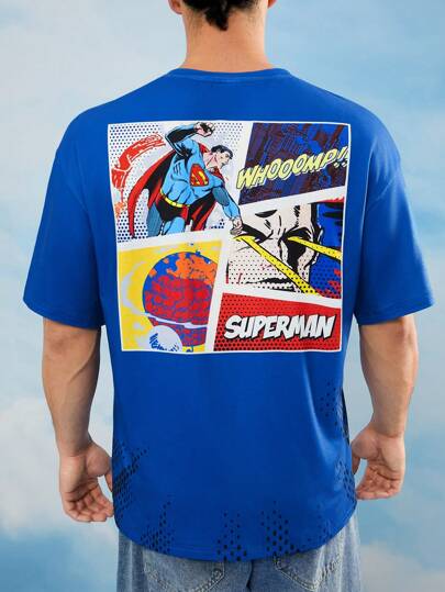 SUPERMAN X SHEIN 男士休闲卡通超级英雄和字母图案宽松 T 恤，夏季
