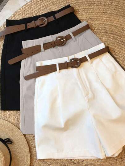 3pcs Women's Black & White Plaid Casual/Business Shorts Set (Without Belt)