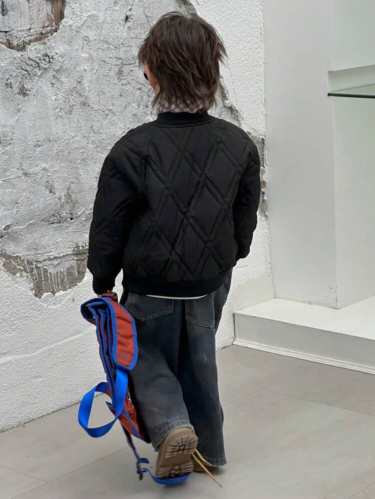 Little Boys' Round Neck Plaid Print Embroider Solid Color Padded Coat, Winter