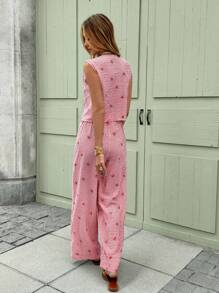 SHEIN Frenchy Women 2pcs Set Sleeveless Striped Bowknot Button Front Shirt And Pants, Casual Summer Outfit Christmas New Year Red Red - Red - View 2