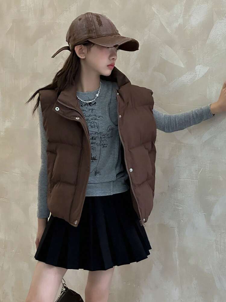 Teen Girls Casual Solid Color Vest Jacket , Puffer Vest