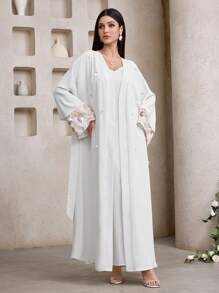 Al Najma Women's Sequin Embroidery Flare Sleeve Belted Abaya - White - View 5