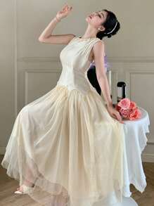 DAZY Women's Sleeveless Pearl Contrast Mesh Summer Dress, Elegant Vacation Style - Apricot - View 2