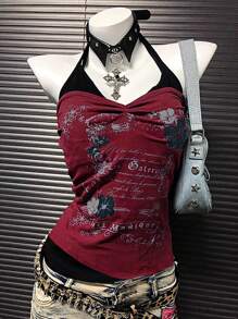Top de cuello de halter con bloqueo de color y estampado de eslogan de moda de verano - Burdeos - Ver 1