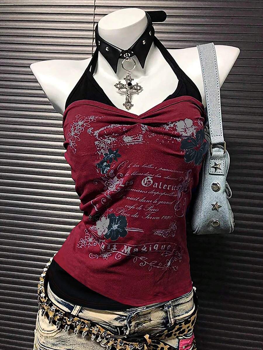 Top de cuello de halter con bloqueo de color y estampado de eslogan de moda de verano - Burdeos - Ver 1