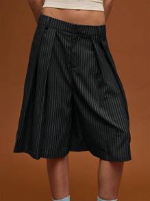 COUREZ Pantalones cortos de verano con pliegues y rayas, estilo casual/Y2K - Negro - Ver 4