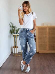 EMERY ROSE Quần Jeans Nữ Dáng Rộng, Ống Thẳng, Thêu Hoa, Phong Cách Mùa Thu, Thường Ngày, Đồng Quê, Buổi Hòa Nhạc, Đồng Quê, Đồng Quê, Quần Jeans Nữ - Rửa nhẹ - Xem 3