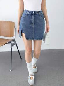 K-Vae Women's Summer Washed Blue Classic Hip Denim Skirt, Casual Split Denim Skirt, Graduation Season College Style, Daily School Commuting Skirt