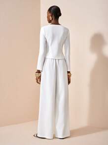 Zivah 2025 früher Herbst neue lässige elegante Outfit für tägliche Verabredungen, Partys und Bankette: Rundhals-Oberteil + Revers mit Metall-Knopf-Dekoration, vorne mittig geschlitzt, langärmlig + gerade geschnittene, ultraweite Hose, Damen Zweiteiler - Variante A - Weiss - Übersicht 7
