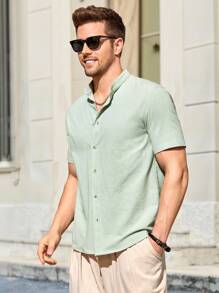 Manfinity VCAY Men Cotton Button Front Plain Shirt For Summer - Mint Green - View 3