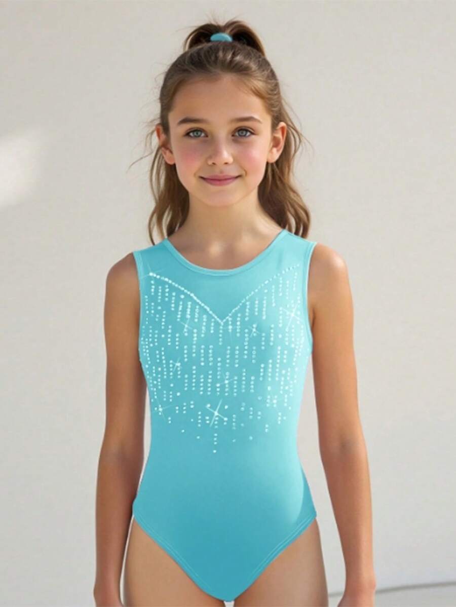 SHEIN Tween 女童扎染渐变粉色连体衣,高弹力紧身连体衣,适合舞蹈、芭蕾、体操、无袖、水钻装饰和优雅运动服 - 藍色 - 查看 1
