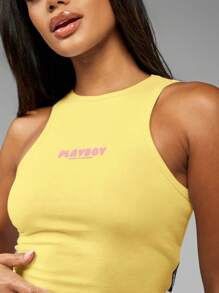 Missguided x Playboy MISSGUIDED Camiseta sin mangas tipo deportivo con espalda de tirantes para entrenamiento, correr, verano, de algodón para mujer