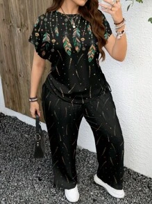 EMERY ROSE Set de 2 piezas - Camiseta con gráfico de plumas y estampado de leopardo talla grande + Shorts casuales, adecuado para el verano - Multicolor - Ver 6