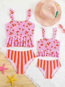 SHEIN Young Girl Tomato Striped Print Ruffle Strap Crop Top Tankini 2-Piece Swimsuit Set - Multicolor - View 4