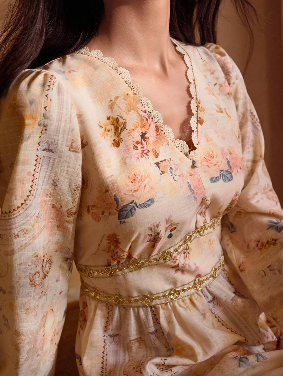 MOTF PREMIUM Robe col V à imprimé floral tissé avec bordure en dentelle dorée, robe décontractée élégante pour les vacances et le quotidien - Kaki - Voir 2