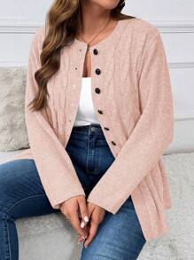 Cárdigan casual con botones y tejido de punto de cable de unicolor para mujer talla grande - Rosa - Ver 3