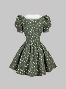 SHEIN MOD Stand Collar Gigot Sleeve Fishbone Bodice Ditsy Floral Dress - Army Green - View 2