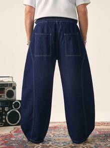 EASEVO Quần Jeans Denim Dệt Rộng Màu Xanh Đậm Dài Cho Nam Size Lớn - Rửa tối - Xem 2