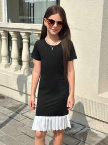 Vestido plisado de tela de ajuste delgado con diseño de patchwork para niñas preadolescentes, de uso casual y elegante diario - Negro - Ver 1