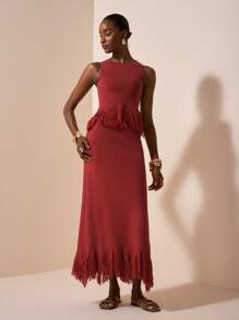 Zivah 2025 春夏新款音乐节、复活节、圣帕特里克节、西部风、游牧风、生日派对、毕业季、学院风、学生装、日常休闲、基础百搭、休闲、邮轮旅行、海滩、日光浴、热门单品、街头风、婚礼宾客装束 - 白色针织无袖流苏拼布毛衣上衣 & 中长款流苏拼布针织鱼尾裙两件套 - 玫瑰紅 - 查看 5