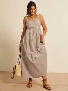 Freevana Váy dài thường ngày kẻ sọc không tay cỡ lớn - Cà phê nâu - Xem 5