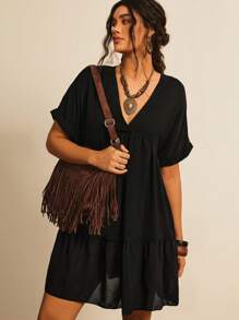 Freevana 大碼蝙蝠袖荷葉邊娃娃裙 - 黑色 - 查看 6