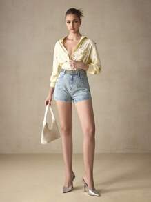 SHEIN BAE Damen Skinny Lässig Jeans-Shorts mit Taschen - Blau - Übersicht 4