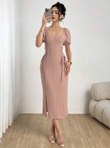 Modelyn Slit Detail Jacquard Lace-Up Puff Sleeve Elegant Summer Women Dress
