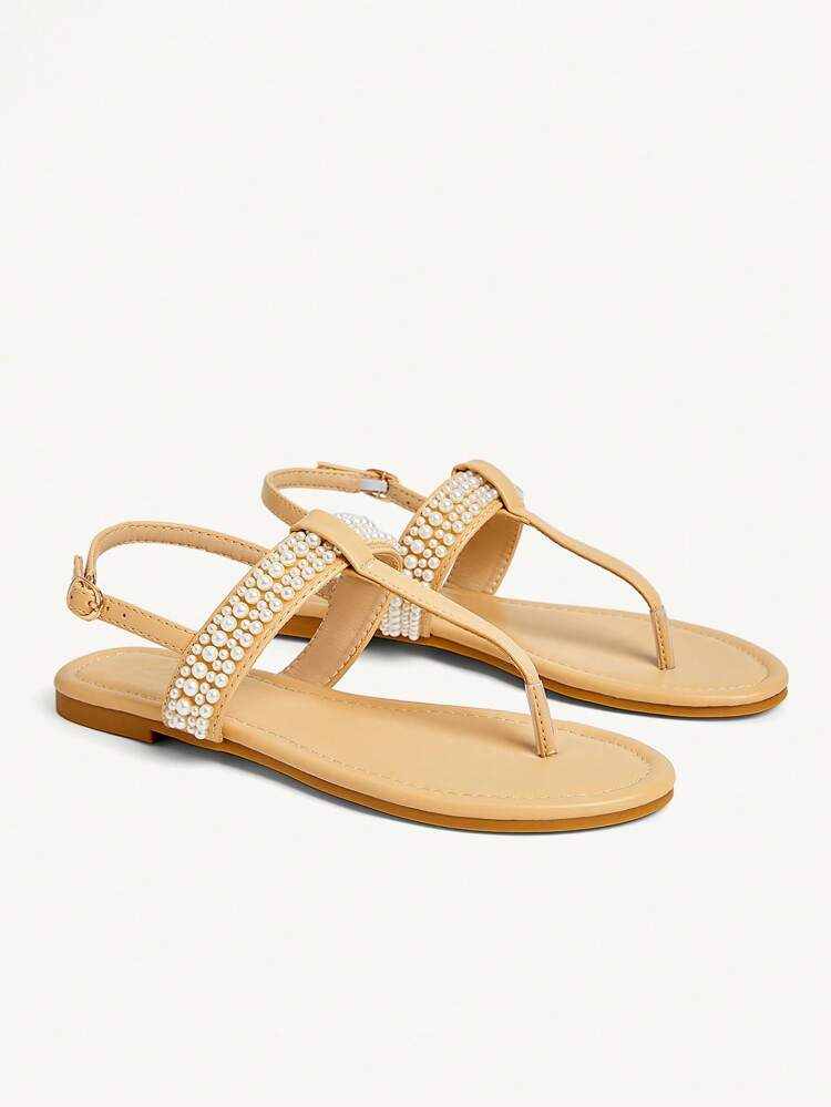 CUCCOO CHICEST Women's Summer New Pearl Round Toe T-Strap Flat Elegant Casual Bohemian Khaki Faux Leather Flat Sandals, Beach Vacation Hawaii Island Style