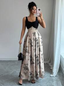 Elenzga Váy họa tiết hoa và khối màu tương phản thanh lịch mùa hè - Nhiều màu - Xem 1