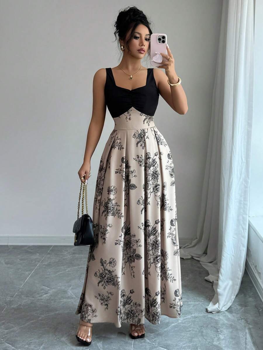 Elenzga Váy họa tiết hoa và khối màu tương phản thanh lịch mùa hè - Nhiều màu - Xem 1