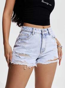 SHEIN EZwear 女式休闲水洗破洞牛仔短裤 - 淺色水洗藍 - 查看 2