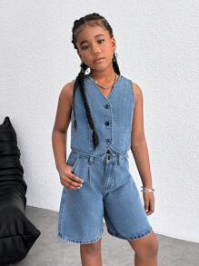 Tween 女童夏季休闲 V 领牛仔背心和低腰宽松阔腿牛仔长短裤百慕大短裤两件套，简约时尚，适合日常穿着，女童夏季海滩波西米亚风度假短裤，夏季音乐会节日休闲狂欢装，女童夏季早午餐教堂毕业装，返校 - 中等水洗藍 - 查看 4