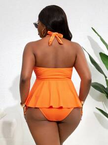 SHEIN Swim Curve Plus Size Solid Simple Daily Tankini Set For Summer Beach Vacation - Orange - View 2