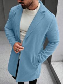 Manfinity Homme Men's Solid Color Lapel Neck Long Sleeve Casual Long Woolen Blue Overcoat , Fall - Teal Blue - View 6