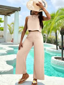 SHEIN Round Neck Camisole And Pants Set In Polyester For Teen Girls' Stylish Getaways Women Two Piece Sets Summer Two Piece Set Vacation Two Piece Set Two Piece Pants Set Casual Two Piece Set - Apricot - View 8